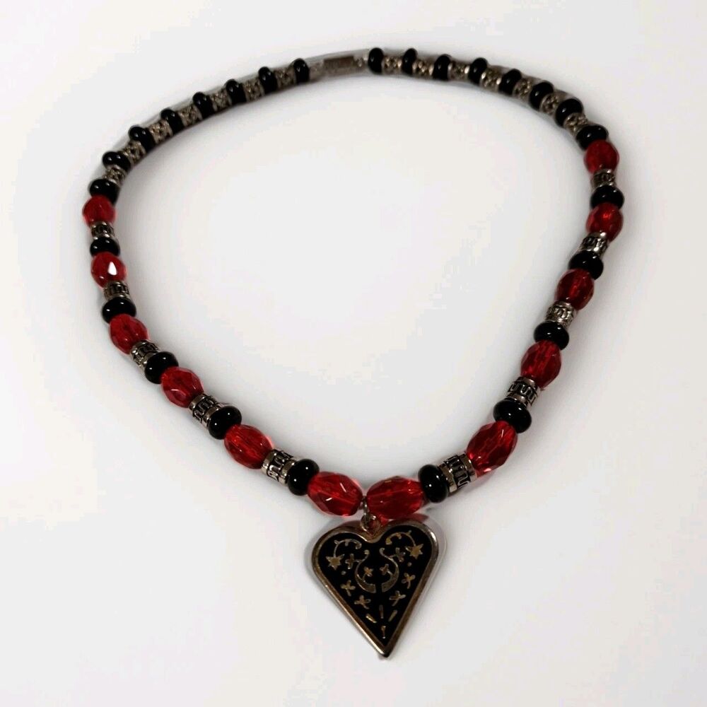 Gothic Beaded Heart Pendant Necklace Red Black Silver Accent Statement Filigree